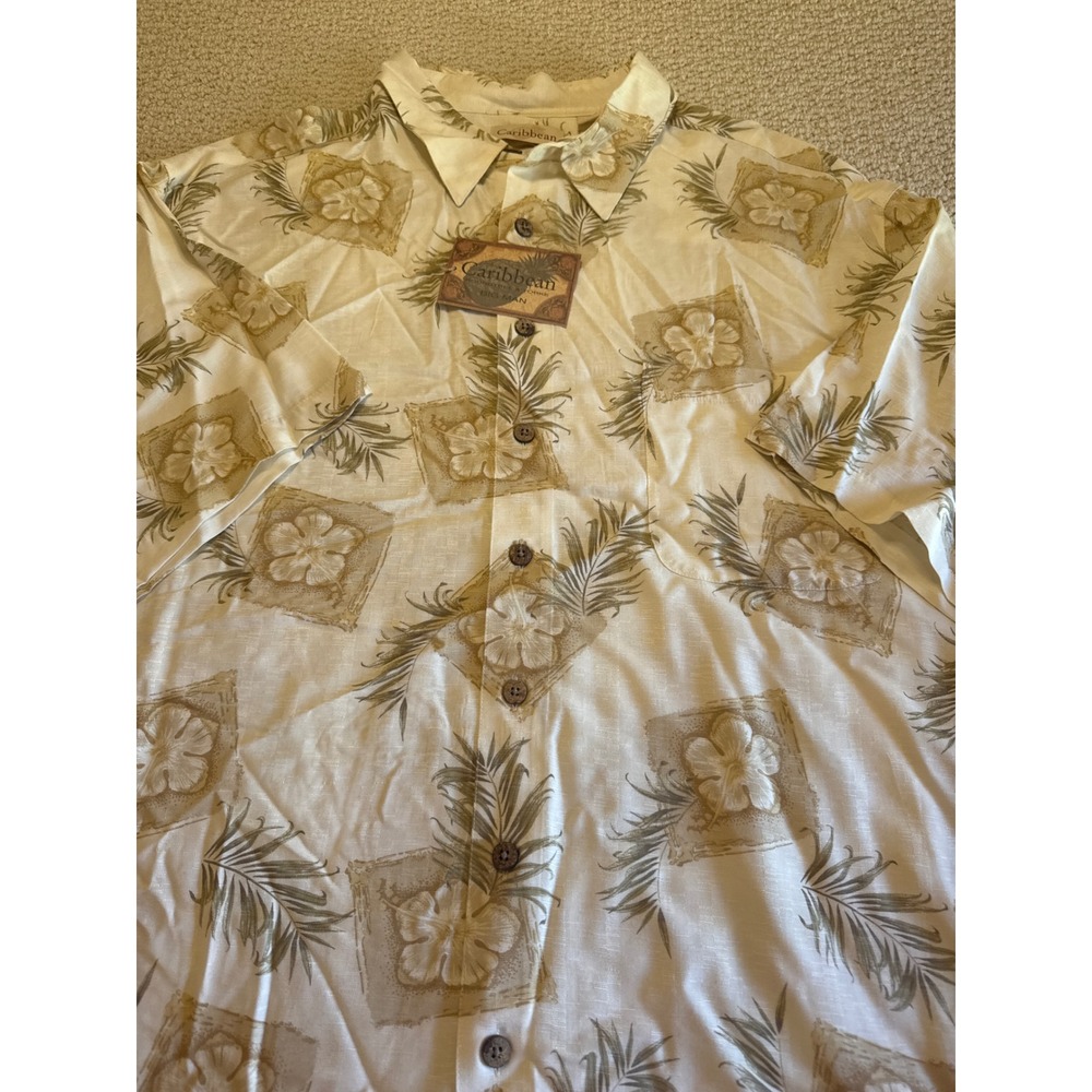 Caribbean Roundtree & Yorke Mens 3X Cream Tan Tropical Rayon Hawaiian Shirt‎ NWT